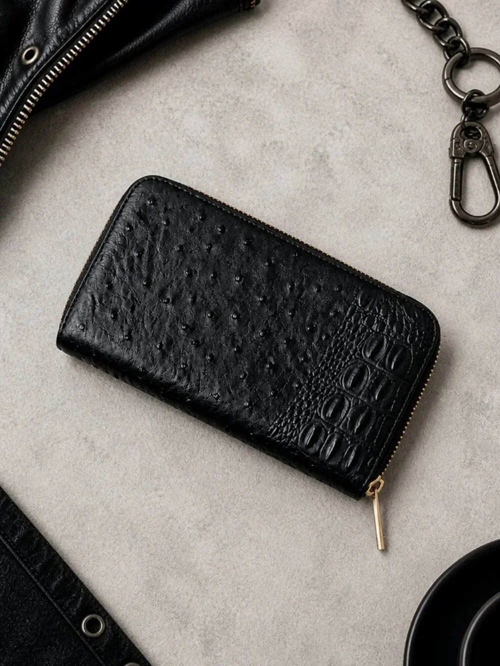 Black Faux Leather Zip Around Wallet Ostrich Croc Embossed Moto Edgy Biker Chic